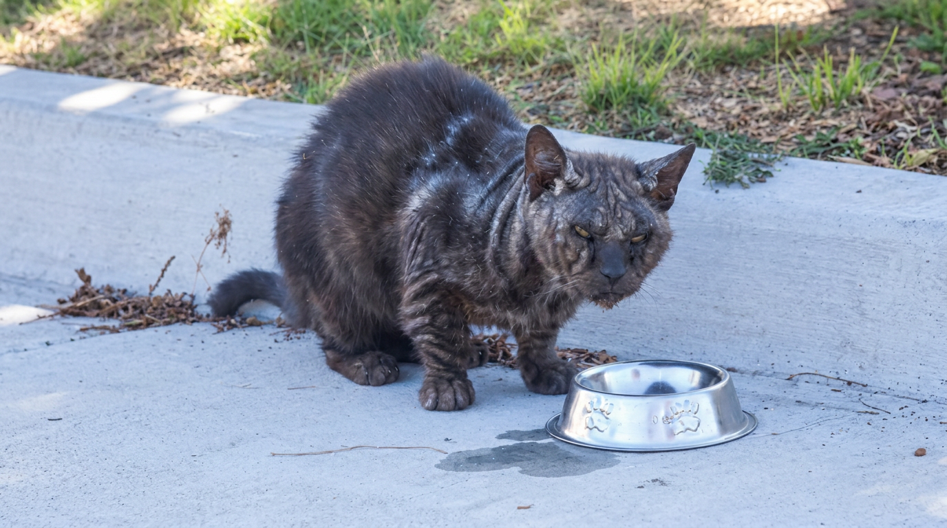 A sick rescued cat eating from a bowl while receiving care in Orange County