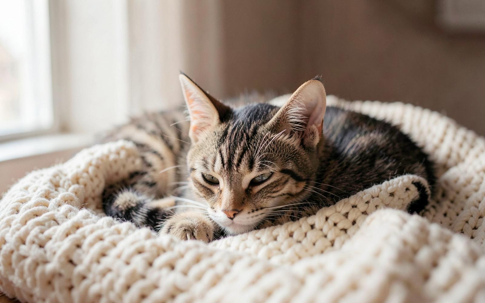 Rescued tabby cat resting on a cream blanket in Orange County