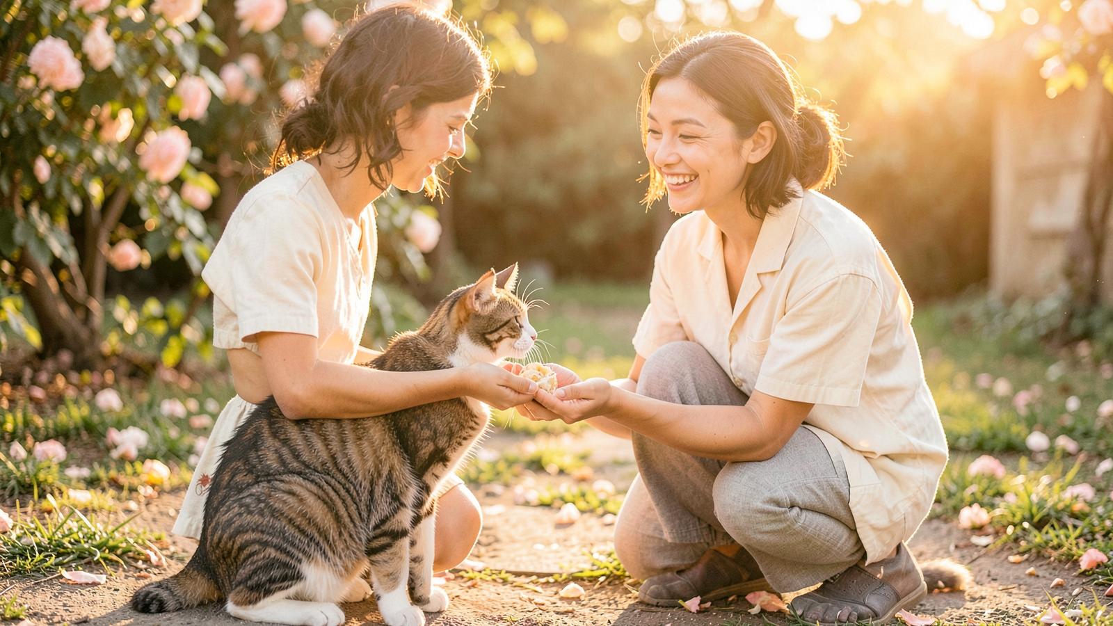 Volunteers feeding a community cat